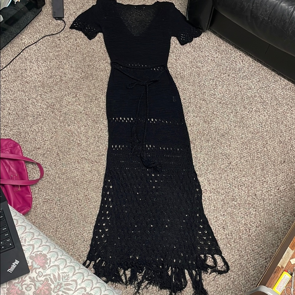Black crochet Knit Maxi belted Dress